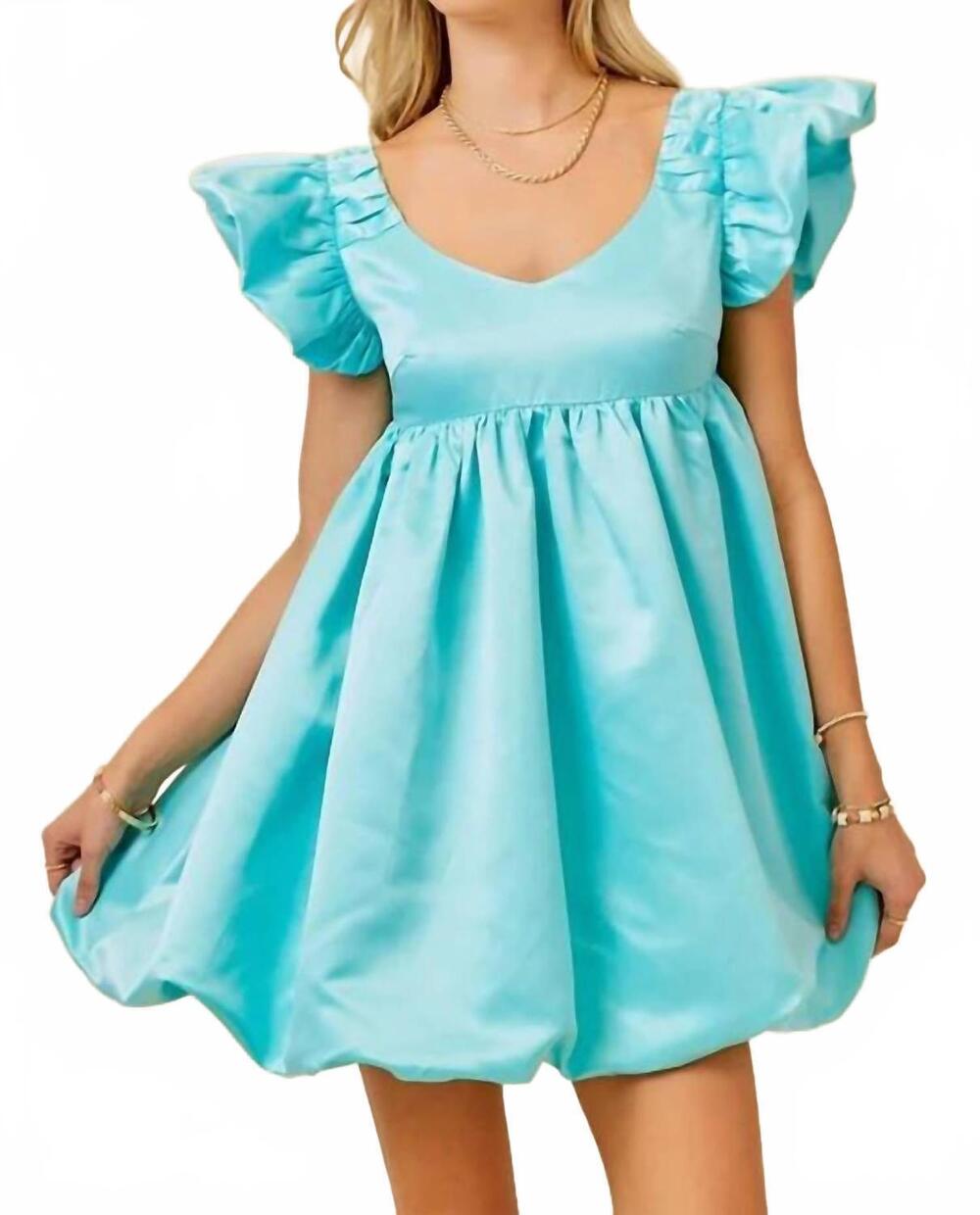 NEW DAY + MOON ruffle sleeve faille bubble dress in aqua